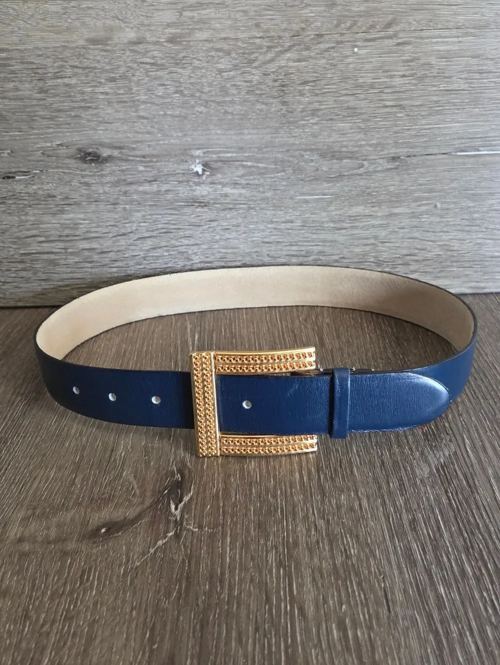 Vintage Navy Leather Belt with Gold Buckle